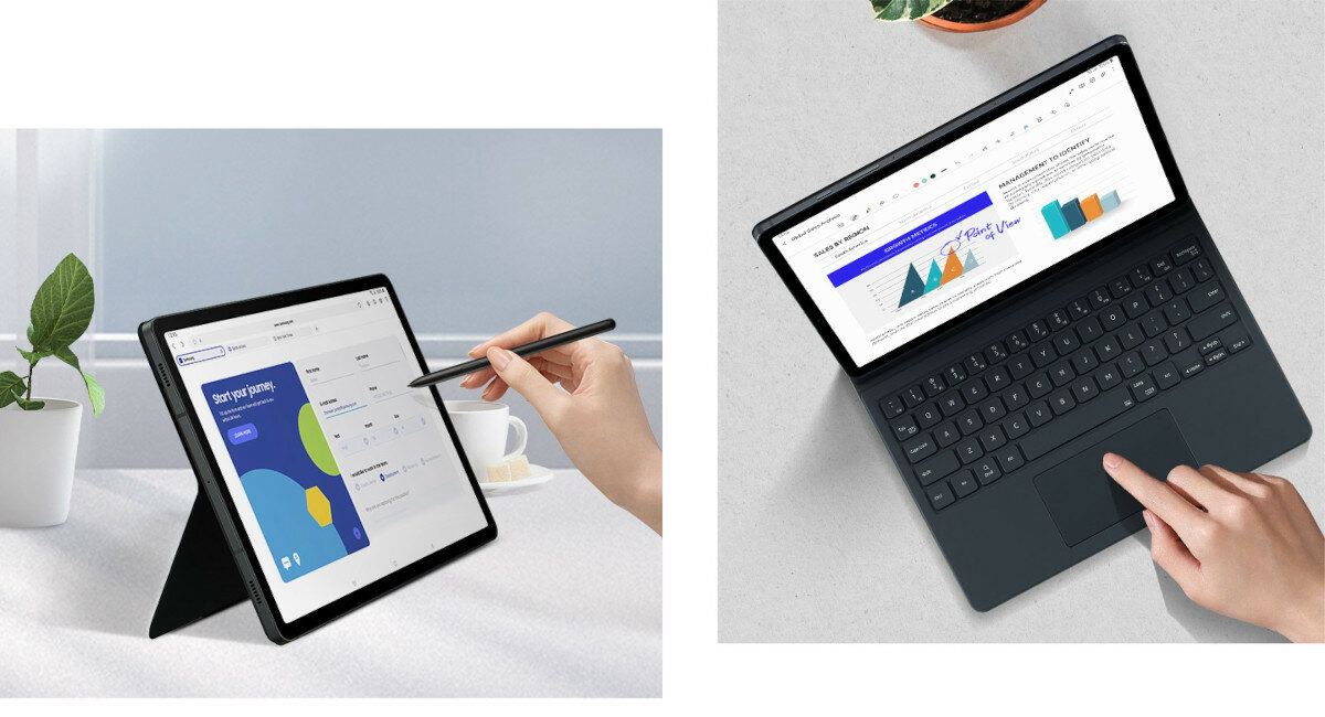 Etui z klawiaturą Samsung Book Cover Keyboard do Tab S9 czarne widok na tablet na podstawce oraz na tablet z góry