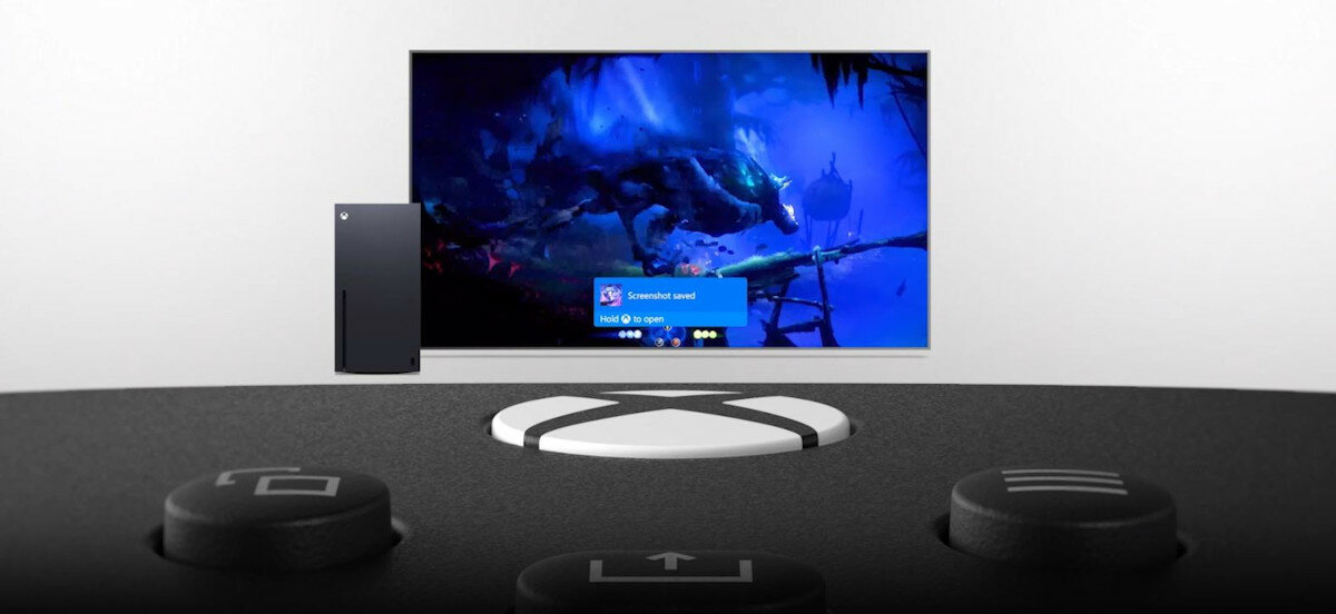 Kontroler Microsoft Xbox Series Wireless fioletowy grafika przedstawiająca przycisk udostępniania w trakcie gry