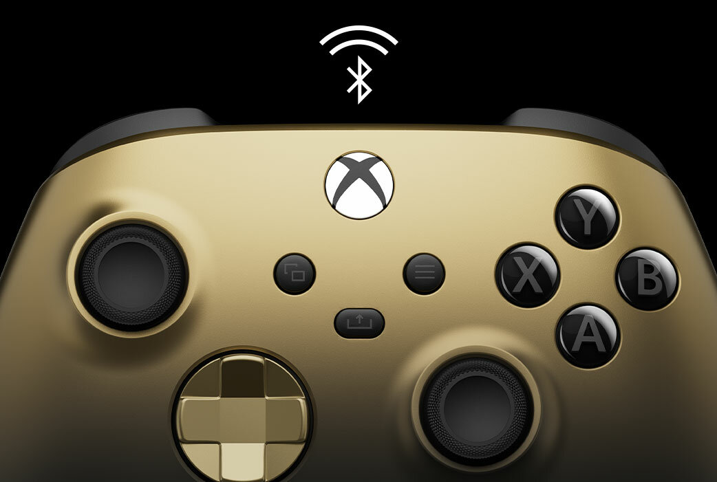 Kontroler Microsoft Xbox Series Gold Shadow bezprzewodowy widok na na kontroler od frontu z widocznym symbolem połączenia bluetooth