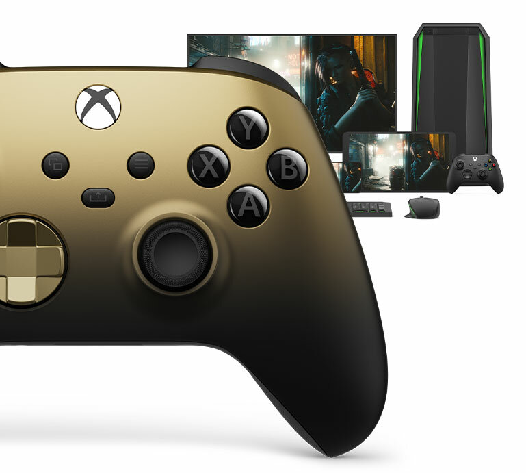 Kontroler Microsoft Xbox Series Gold Shadow bezprzewodowy widok na kontroler z komputerem i tabletem w tle