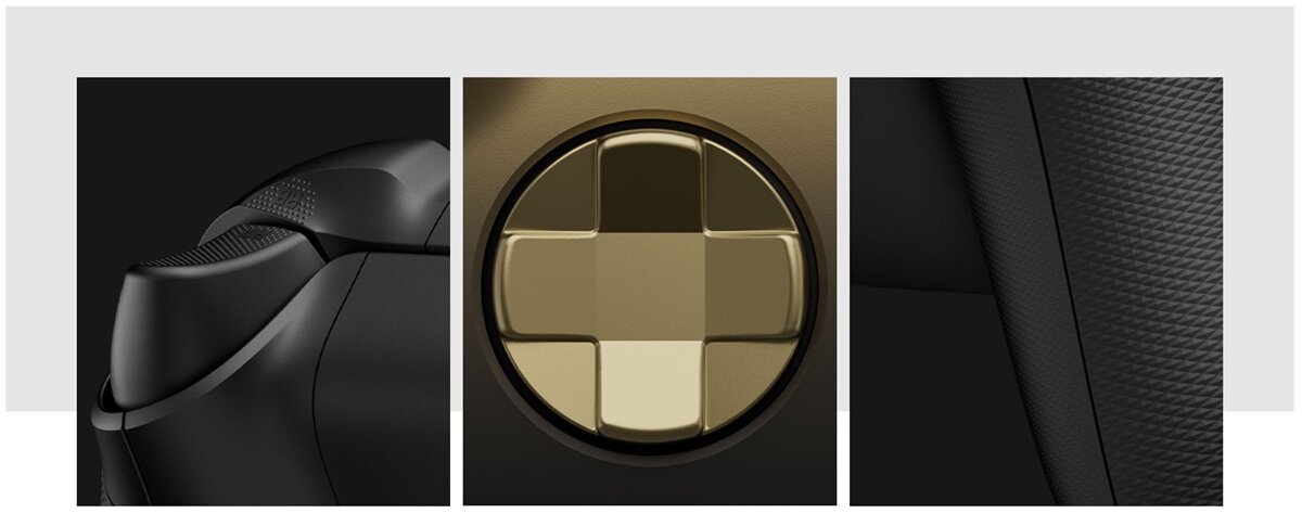 Kontroler Microsoft Xbox Series Gold Shadow bezprzewodowy widok na trzy obrazy przedstawiające przyciski i spusty kontrolera