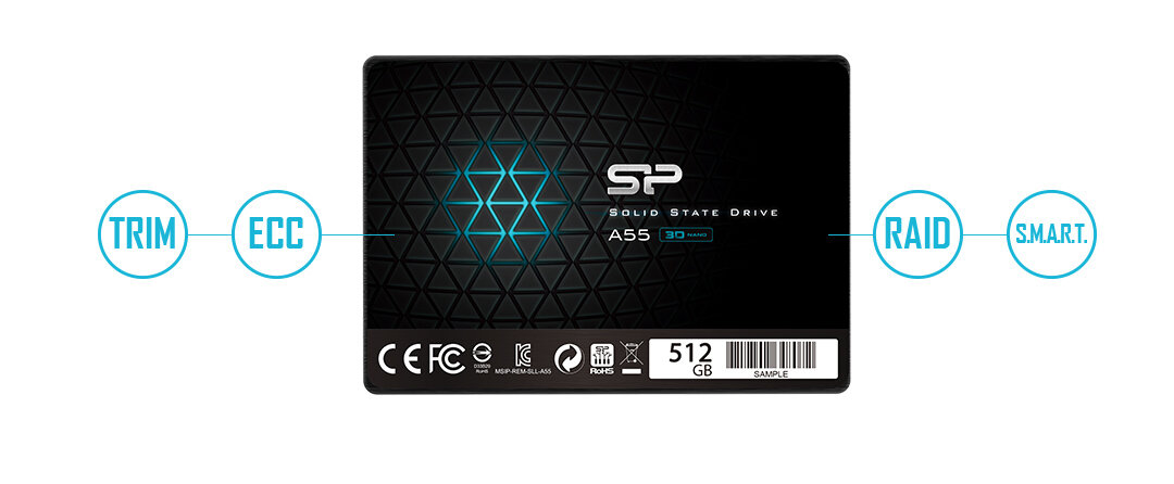 Dysk SSD Silicon Power Ace A55 SP001TBSS3A55S25 dysk od frontu z przedstawionymi na grafice zabezpieczeniami