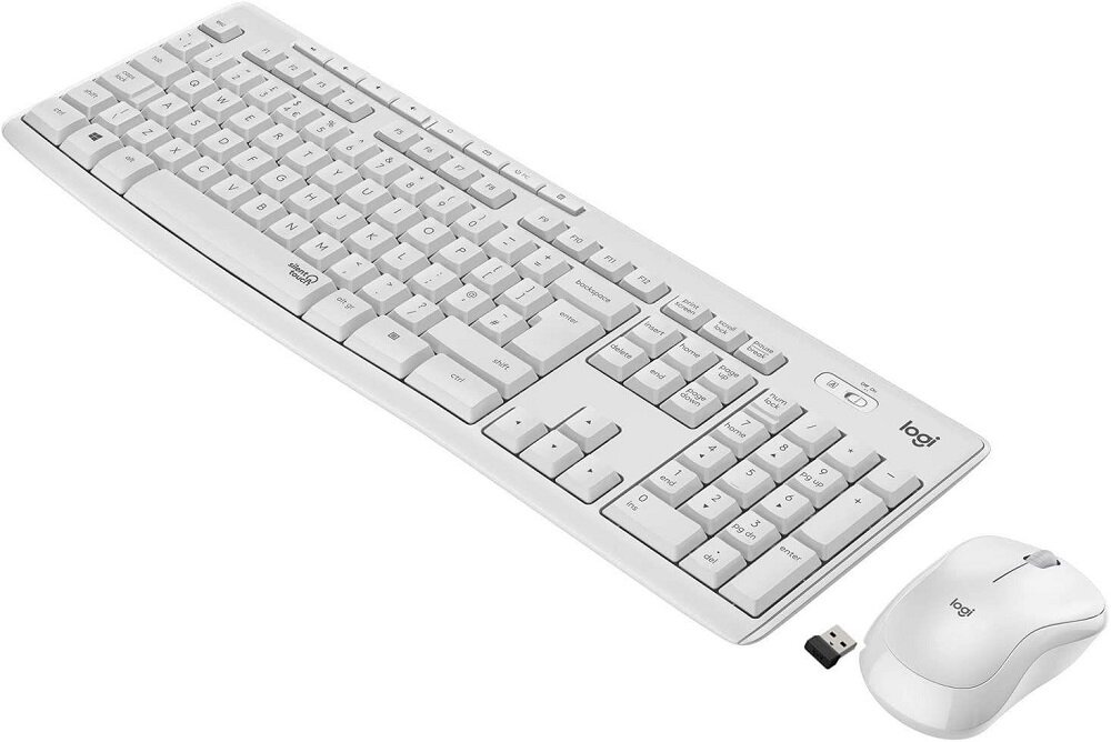 Zestaw bezprzewodowy klawiatura + mysz Logitech MK295 Silent Wireless Combo UWLOKMBBS1C0 widok na klawiaturę i mysz pod skosem w lewo