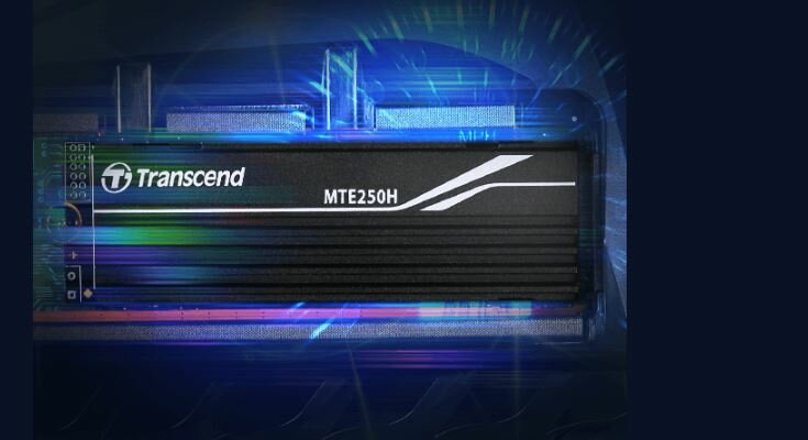  Dysk SSD Transcend MTE250H 2TB M.2 widok dysku na niebieskim tle