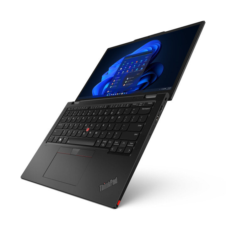 Laptop Lenovo ThinkPad X13 Yoga Gen 4 16/512GB po skosie w lewo rozłożony na płasko, włączony na białym tle