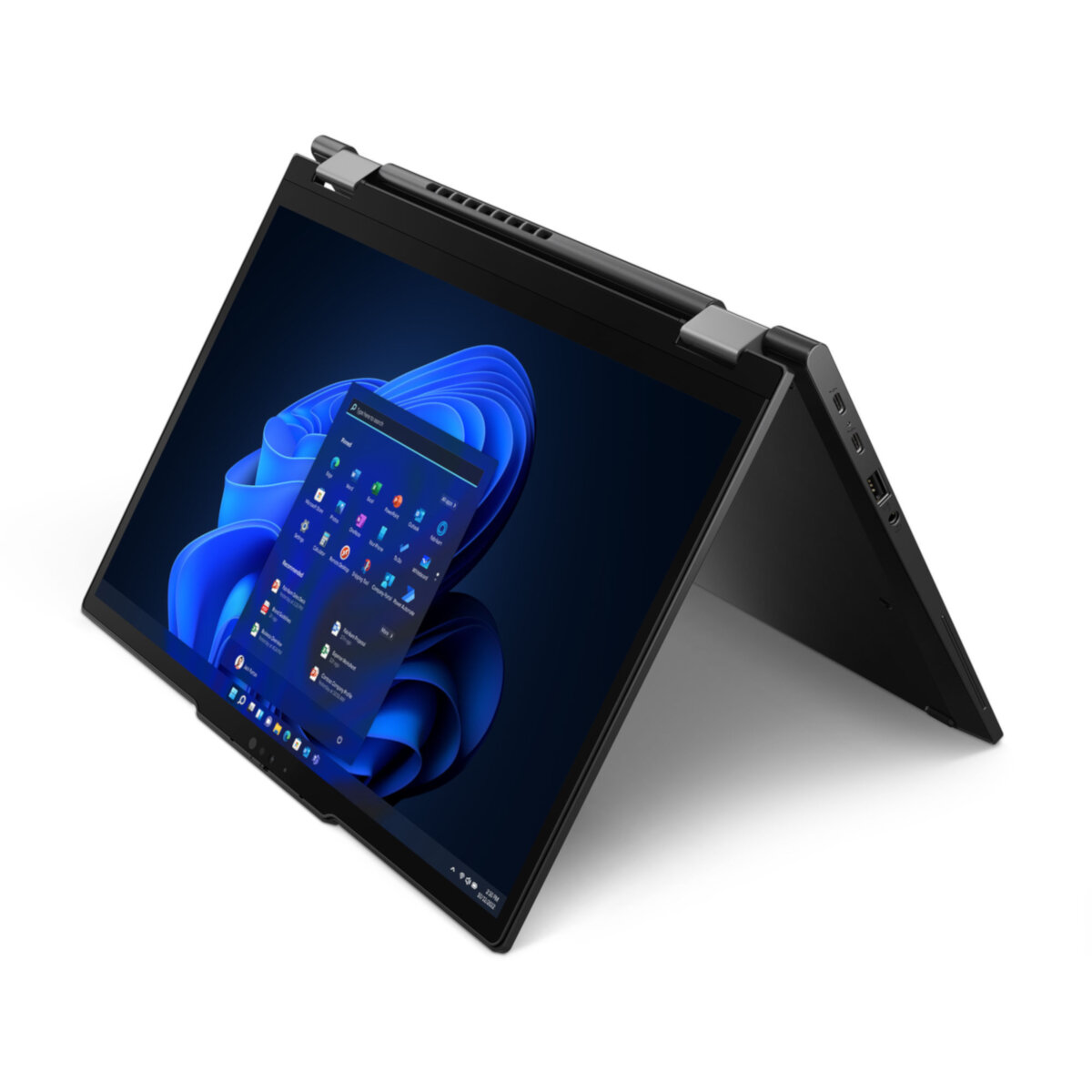 Laptop Lenovo ThinkPad X13 Yoga Gen 4 16/512GB po skosie w lewo rozłożony na pół z włączonym ekranem na białym tle