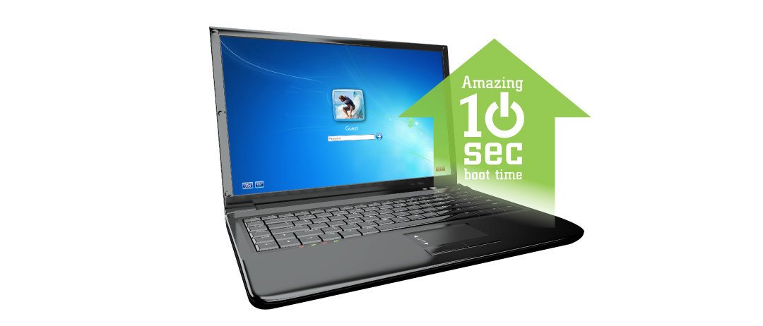 Dysk SSD Silicon Power A55 128GB widok laptopa z informacją o przyspieszonym uruchamainiu