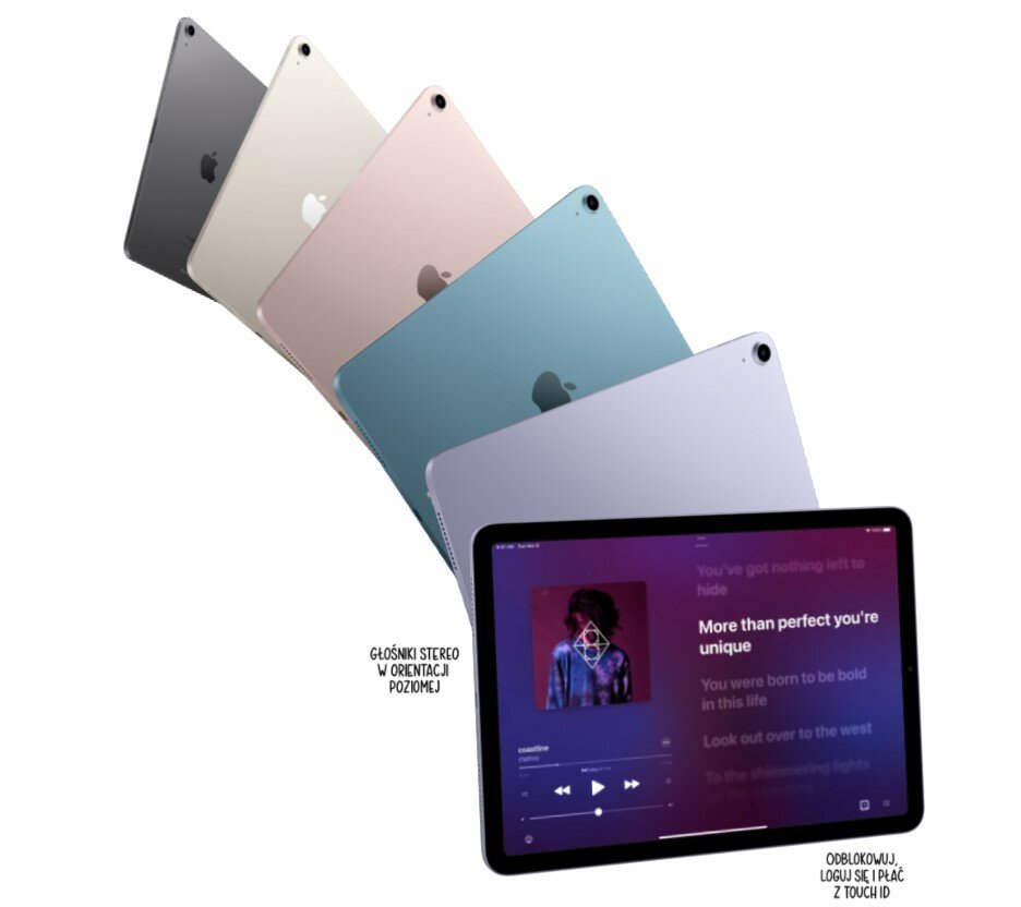 Tablet Apple iPad Air MME23FD/A Wi-Fi 64GB Purple pokazane tyłem różne kolory