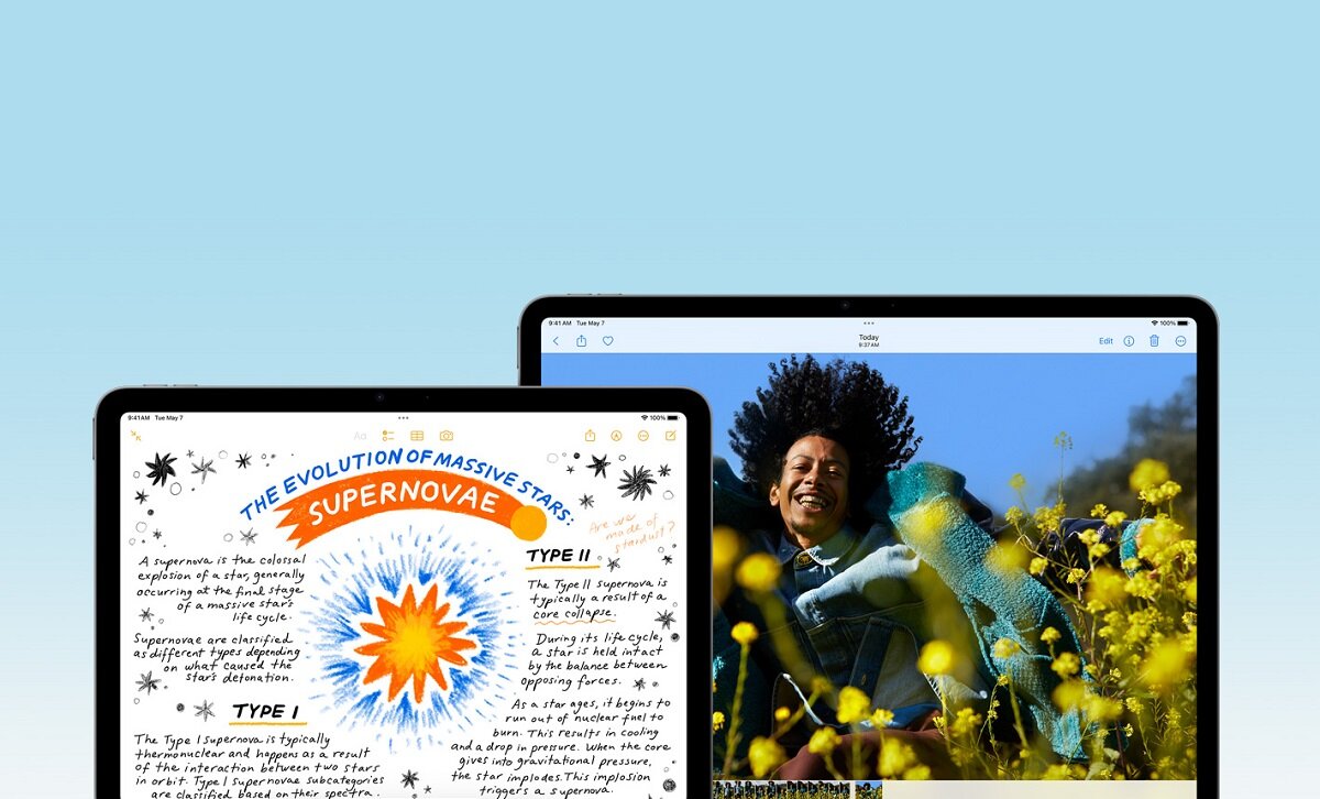 Tablet Apple iPad Air 11 Cellular 1TB Księżycowa poświata widok na dwa tablety od frontu wyświetlające różne grafiki