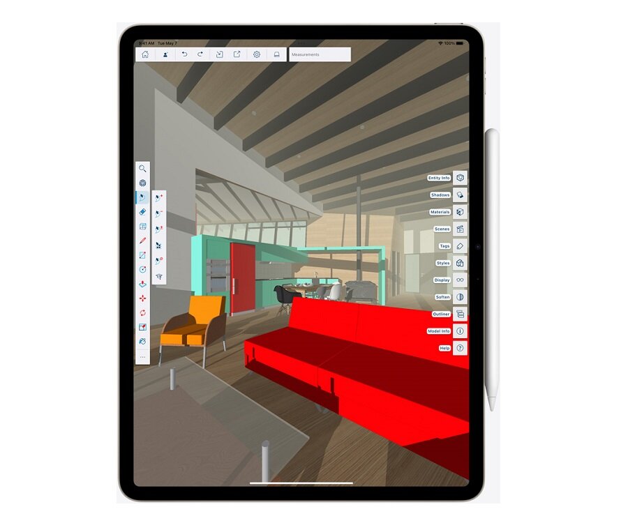 Tablet Apple iPad Air 11 Cellular 1TB Księżycowa poświata widok od frontu z wyświetloną aplikacją Trimble SketchUp