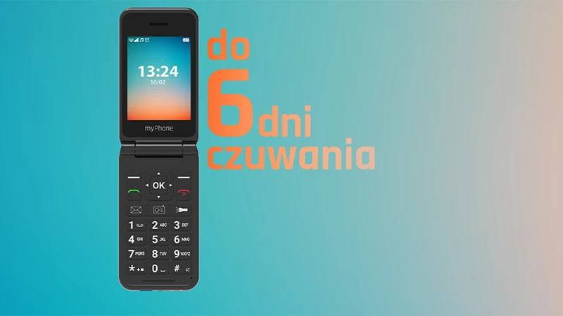 Telefon myPhone Flip LTE widok na telefon z napisem 6 dni czuwania obok