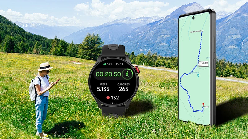 Smartwatch myPhone Watch Adventure czarny widok na kobietę stojącą na polanie