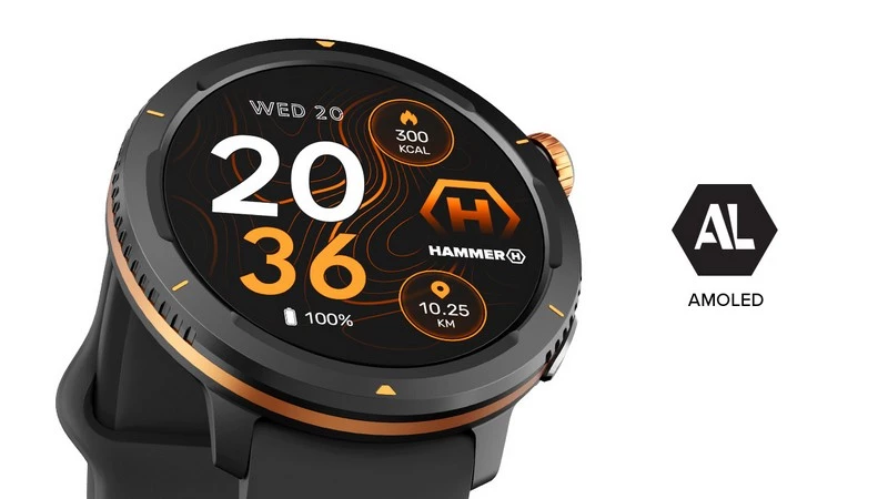 Smartwatch Hammer Watch 2 Lite czarno-pomarańczowy widok na smartwatch i informacje o ekranie amoled obok niego