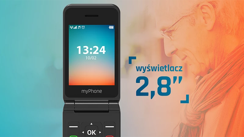 Telefon myPhone Flip LTE grafika widok na telefon z informacją o wielkości ekranu obok