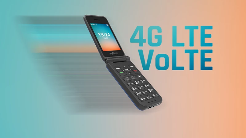 Telefon myPhone Flip LTE widok na telefon z napisem 4g LTE VoLTE obok