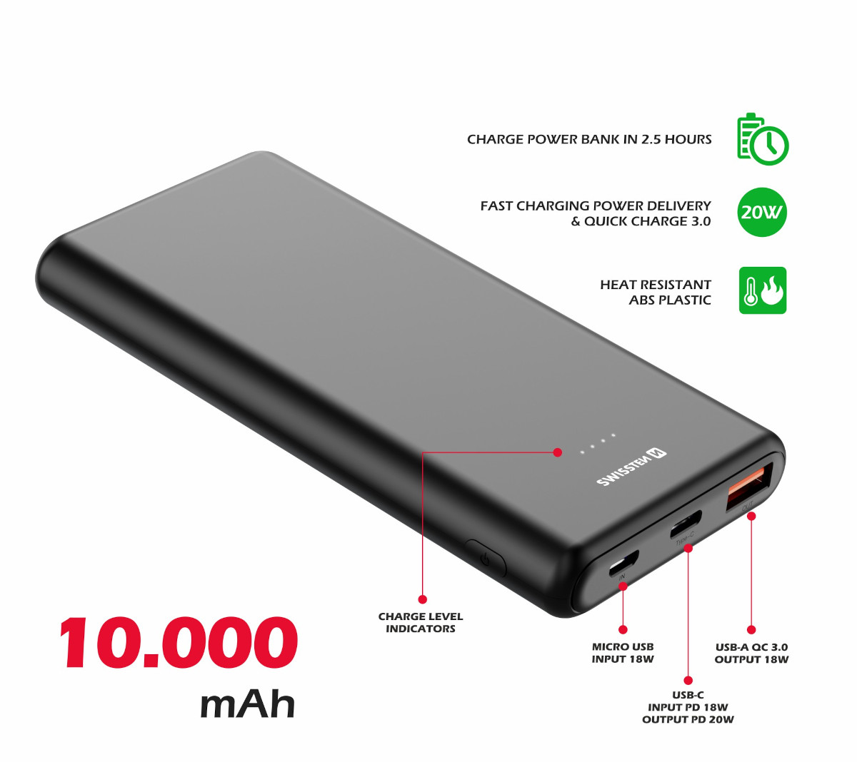 Powerbank Swissten Power Line 10000 mAh czarny widok na power bank pod skosem z opisami