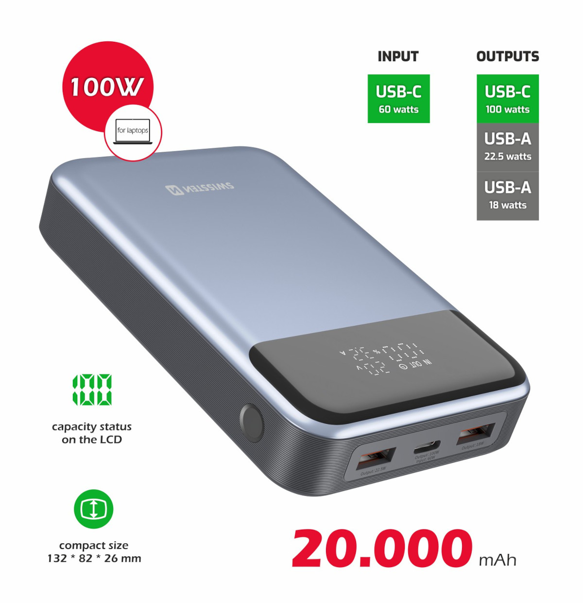 Powerbank Swissten Laptop Power Bank 20000 mAh szary widok pod skosem wraz z opisami