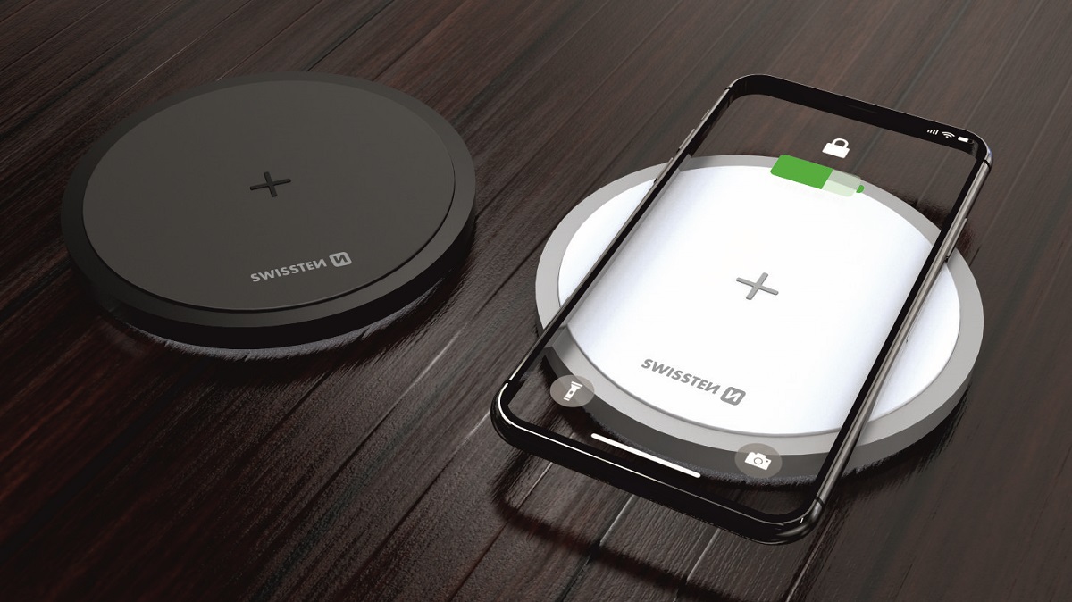 Ładowarka indukcyjna Swissten 15W biała widok na dwa warianty kolorystyczne ładowarki