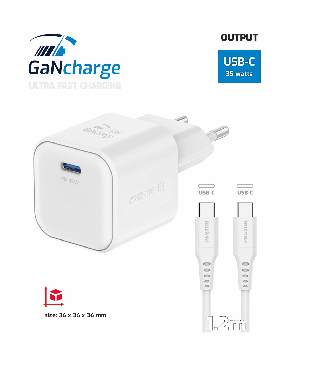 Ładowarka sieciowa Swissten GaN 35W + kabel USB-C - USB-C biała widok na ładowarkę od frontu wraz z opisem
