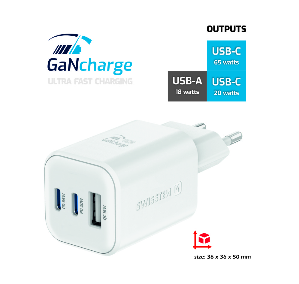 Ładowarka sieciowa Swissten GaN 65W biała widok na ładowarkę od frontu wraz z opisem