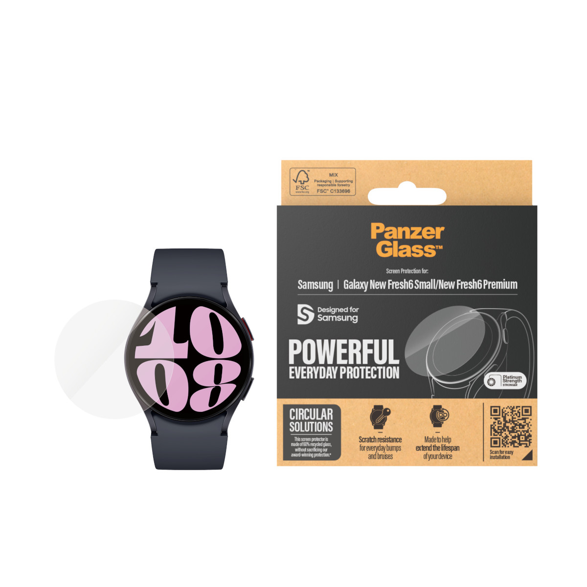 Szkło ochronne PanzerGlass do Galaxy Watch 7 40mm widok od frontu na opakowanie szkło i zegarek