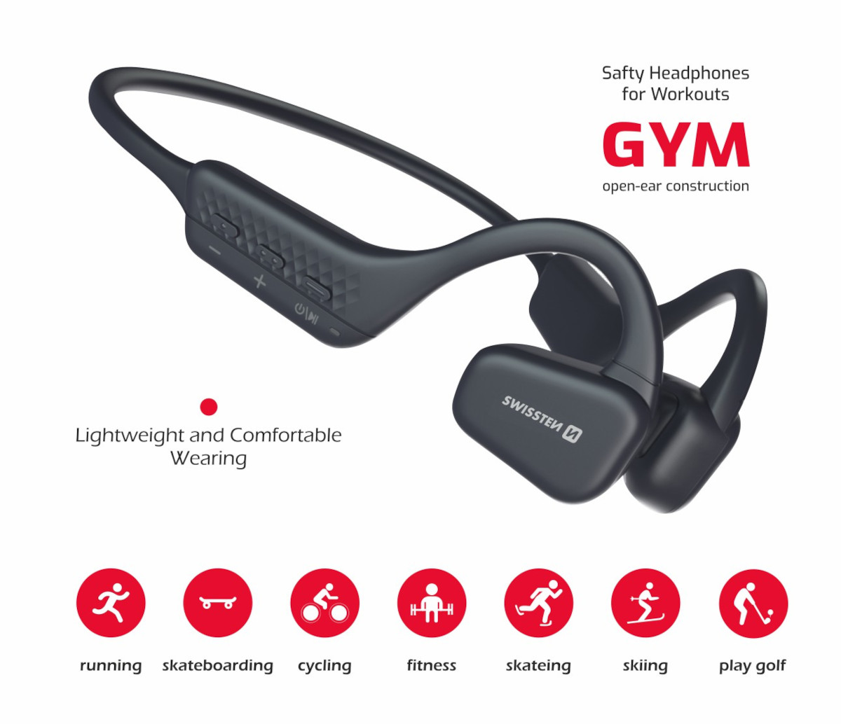 Słuchawki Swissten Open-Ear czarne widok na słuchawki od frontu z opisami