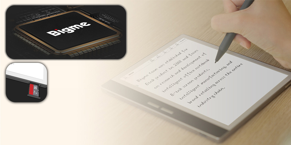 Czytnik e-booków Bigme B751 7' czarny pod skosem i widok na kartę pamięci