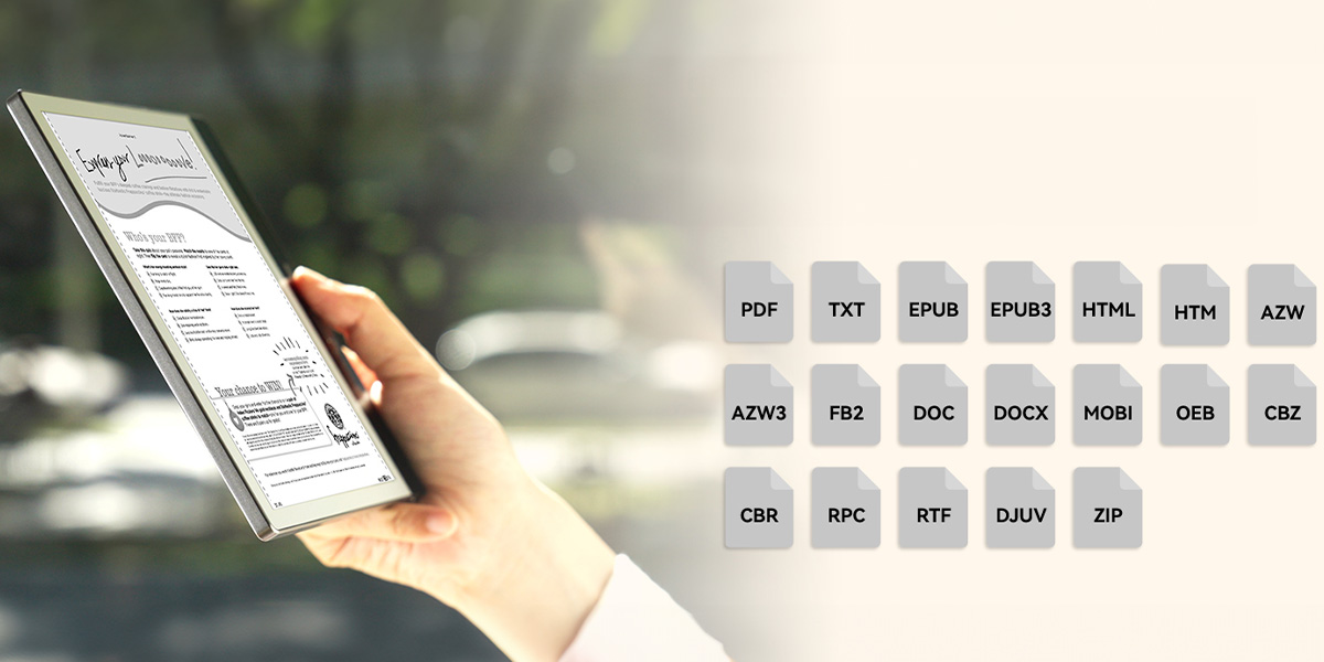 Czytnik e-booków Bigme B751 7' czarny pod skosem i obsługiwane formaty widoczne na grafice