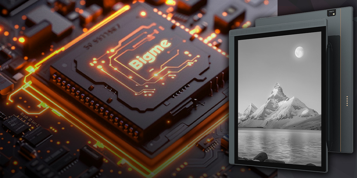 Czytnik e-booków Bigme B1051 Lite 10,3' pod skosem i procesor obok