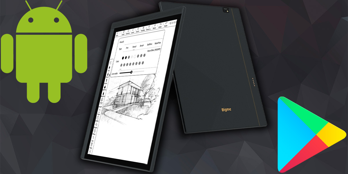 Czytnik e-booków Bigme B1051 Lite 10,3' od przodu i od tyłu pod skosem oraz ikony Androida i Google Play Store