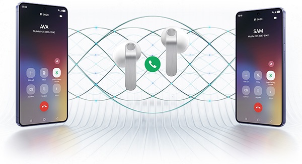 Słuchawki Samsung Galaxy Buds4 czarne dwa smartfony i słuchawki pomiędzy nimi