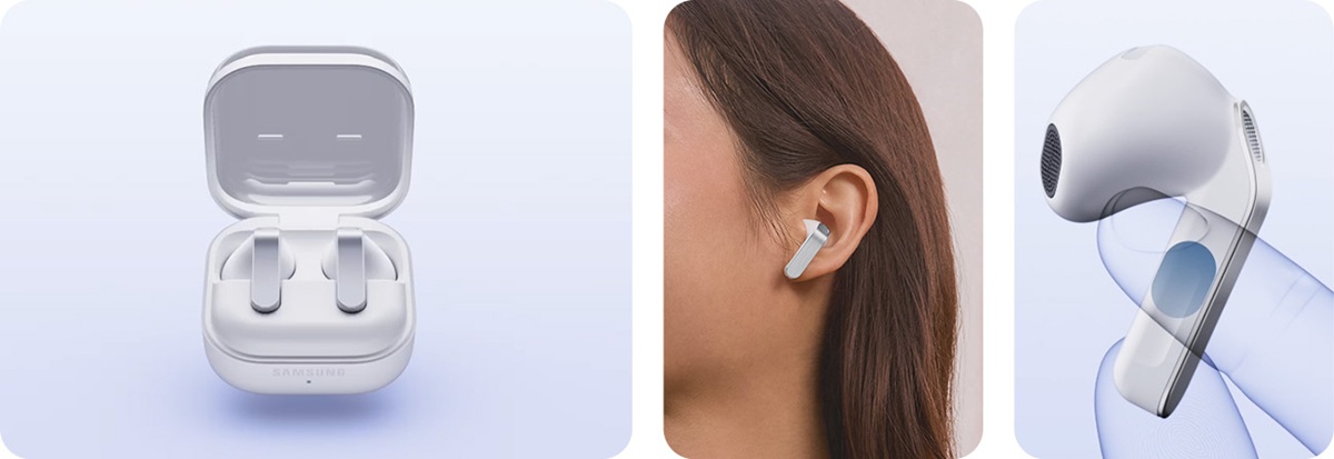 Słuchawki Samsung Galaxy Buds4 czarne w etui oraz w uchu i słuchawka pod skosem trzymana w palcach