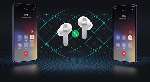 Słuchawki Samsung Galaxy Buds4 Pro czarne pod skosem pomiędzy dwoma smartfonami