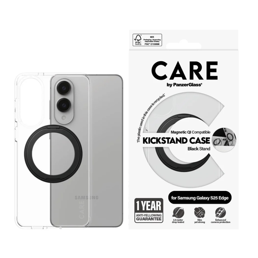 Etui PanzerGlass Care Feature Black Kickstand & QI do Galaxy S25 Edge przezroczyste telefon obok etui i opakowanie od frontu