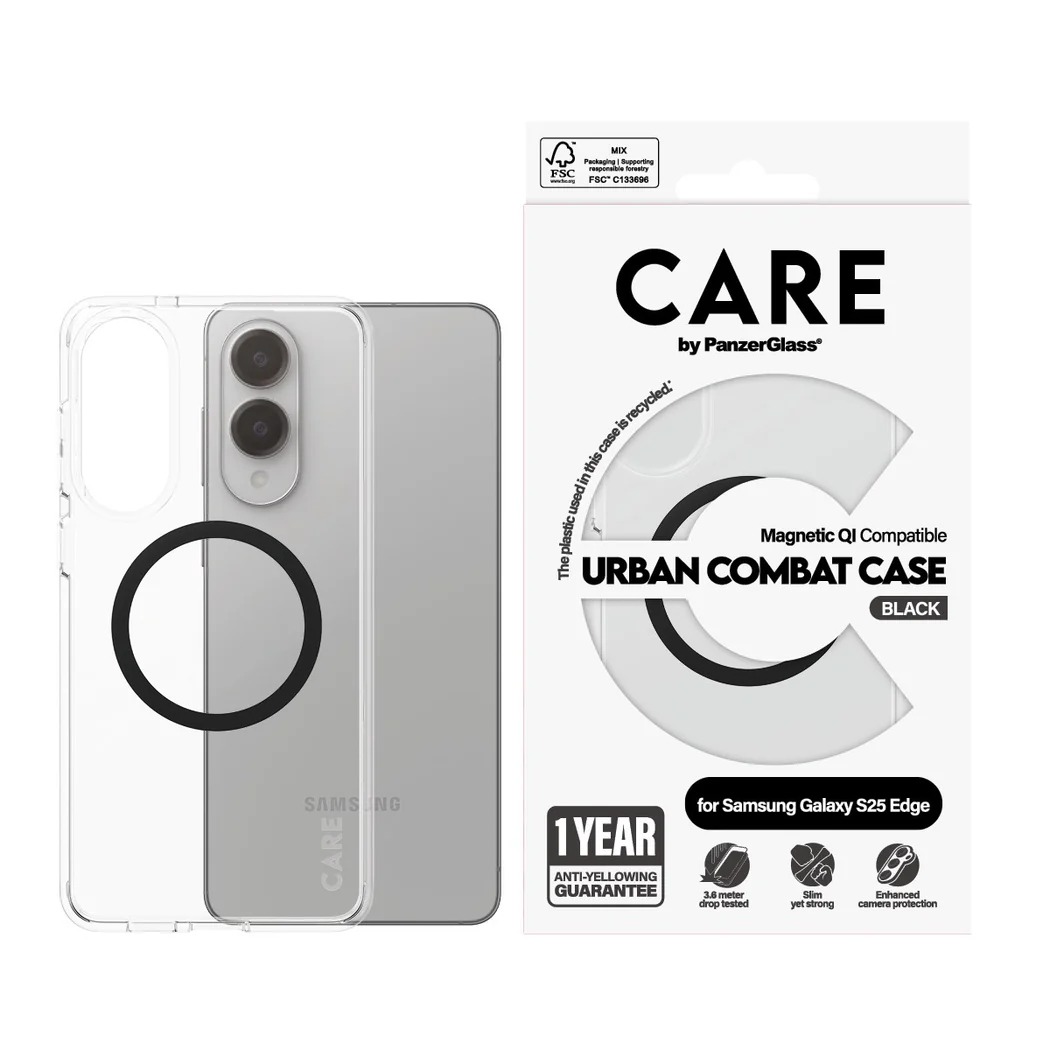 Etui PanzerGlass Care Flagship Urban Combat do Galaxy S25 Edge przezroczyste telefon obok etui i opakowanie od frontu