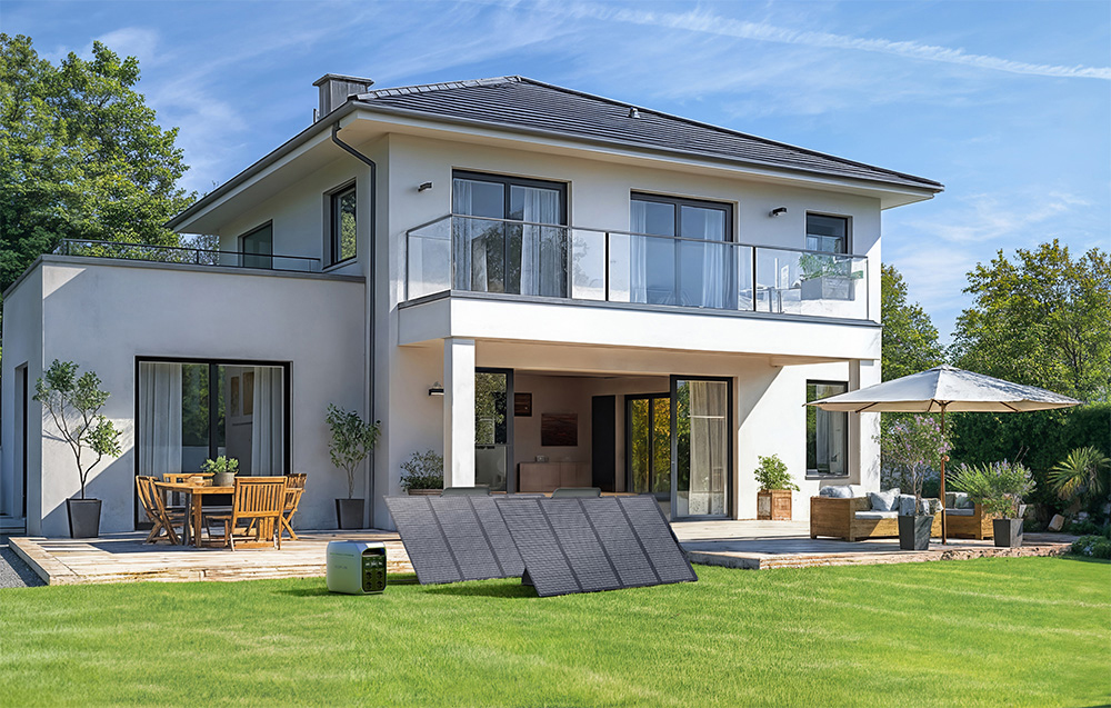 Przenośna stacja zasilania EcoFlow Delta 3 Plus 1024 Wh przed domem na podwórku