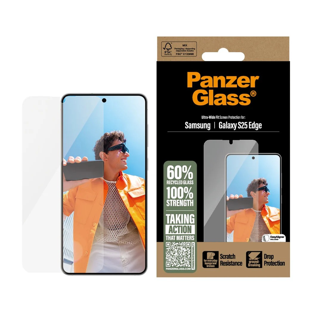 Szkło hartowane PanzerGlass Ultra-Wide Fit do Galaxy S25 Edge szkło obok telefonu i opakowanie od frontu