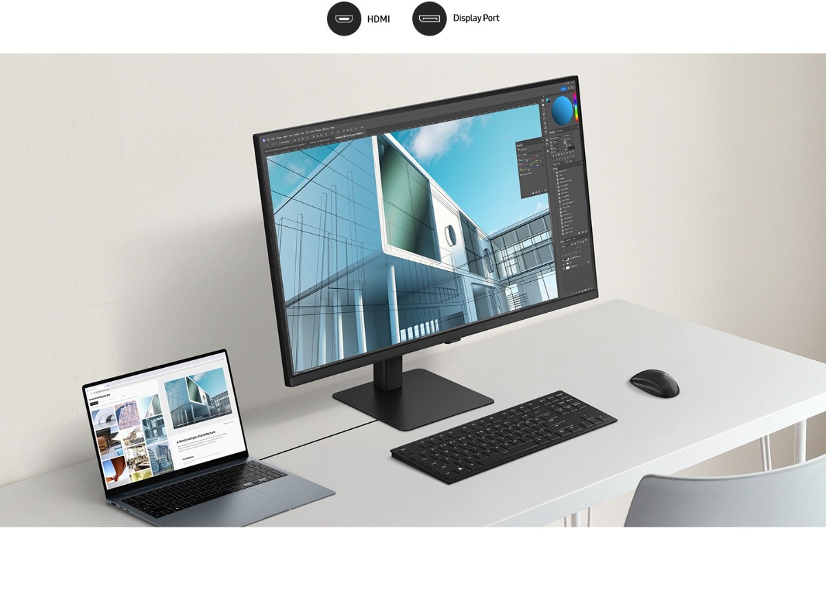 Monitor Samsung ViewFinity S7 32” 60Hz przedstawiony pod skosem