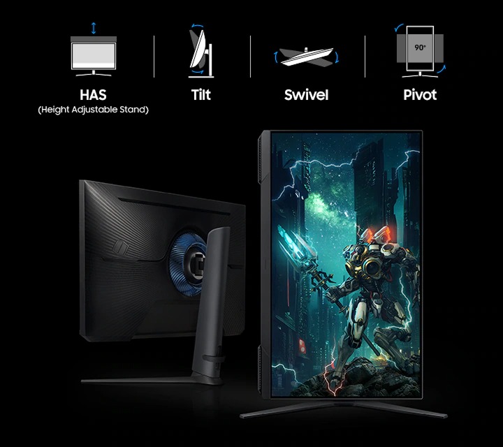 Monitor Samsung Odyssey G5 180Hz QHD 32' grafika wizualizująca różne pozycje monitora