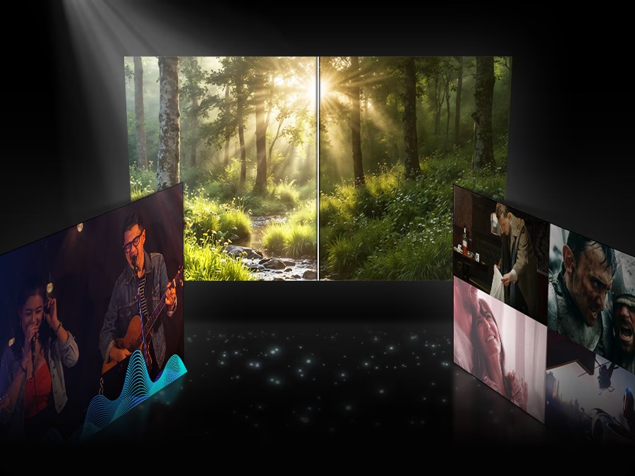 Telewizor Samsung Q8F QLED 4K 75” widok na różne kadry z telewizora