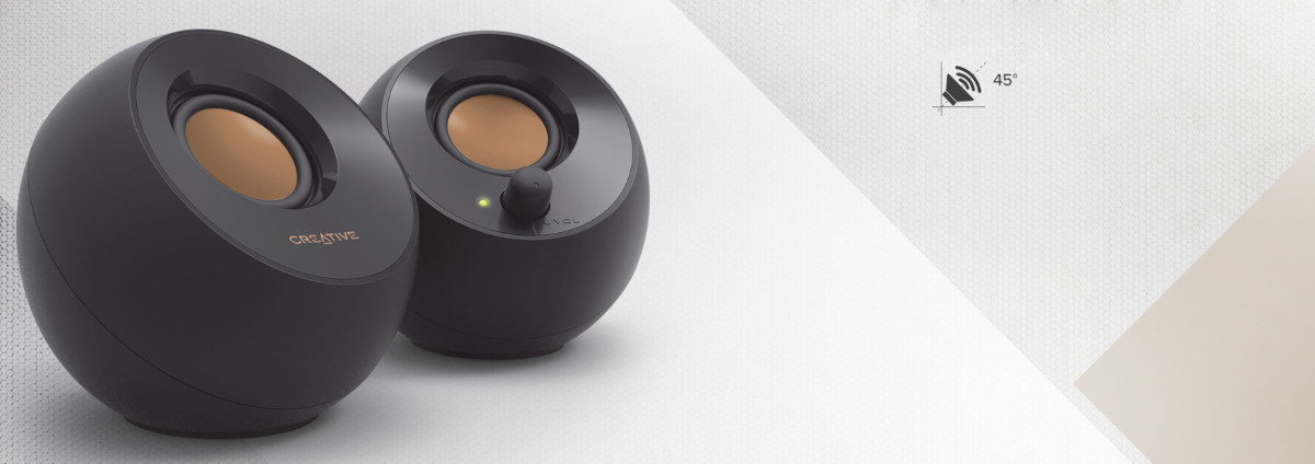 Głośniki Creative Pebble 2.0 czarne widok na głośniki z dopiskiem kąta nachylenia