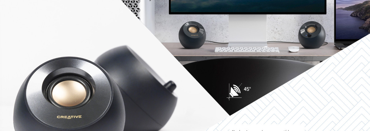 Głośniki Creative 2.0 Pebble V2 czarne widok na głośnik z dopiskiem o kącie nachylenia