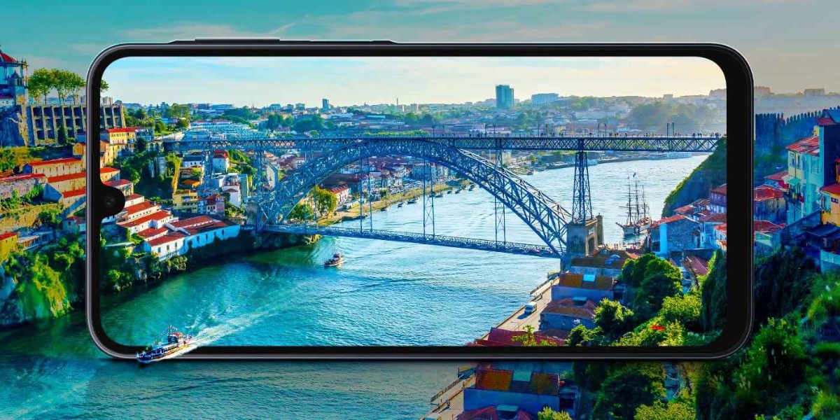 Smartfon Samsung Galaxy A16 LTE grafika przedstawia miasto na ekranie telefonu