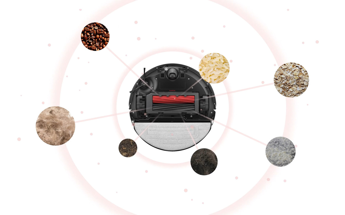 Robot sprzątający Roborock S8 z zaznaczonymi typami zabrudzeń – kawa, ryż, płatki, sierść i brud