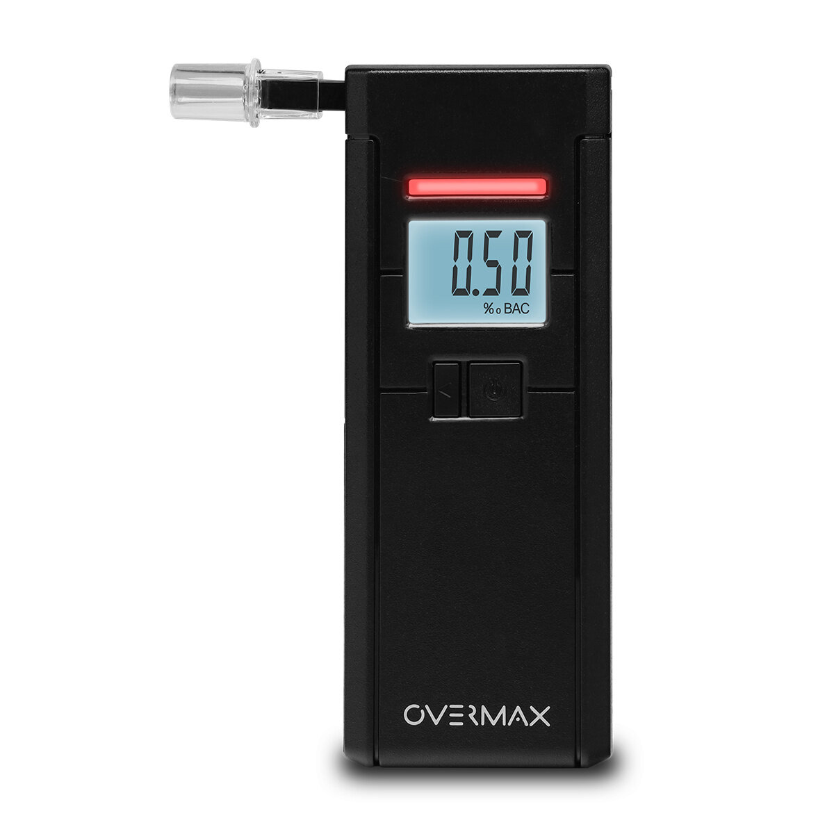 Alkomat Overmax AD-05 elektrochemiczny widok alkomatu w pionie z wynikiem 0,50 podświetlony na czerwono