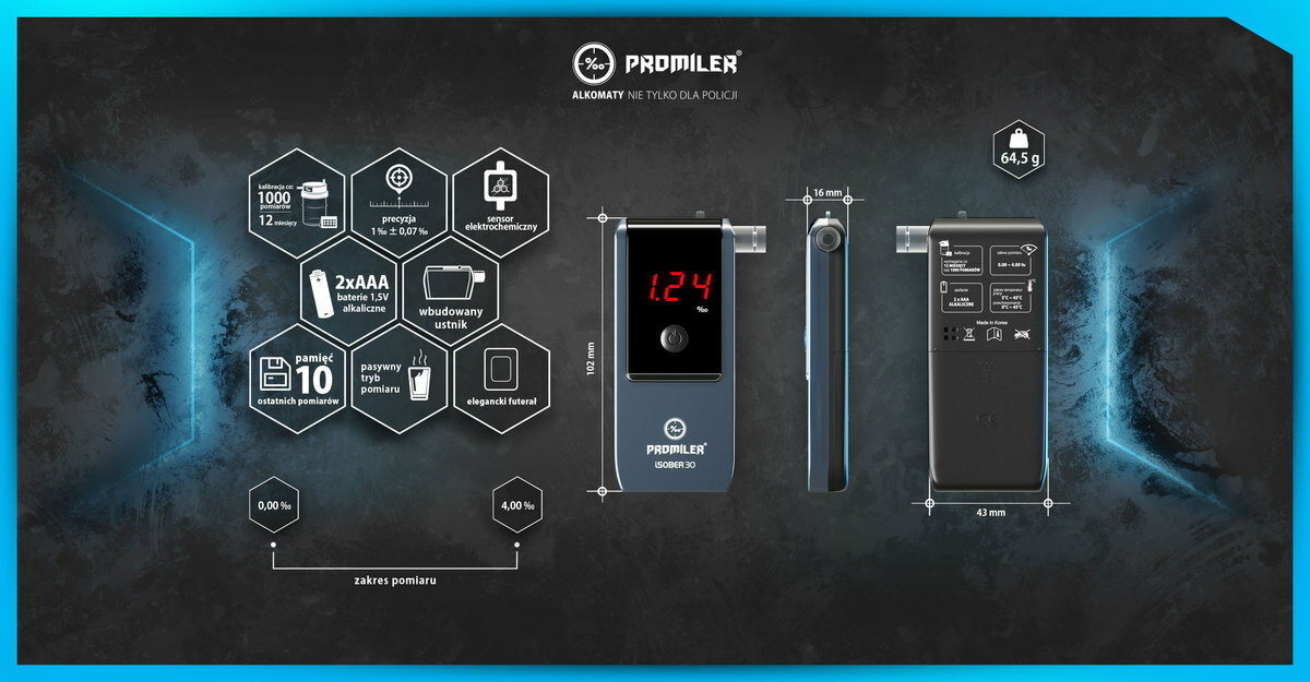 Alkomat Promiler iSOBER 30 wraz z opisem produktu