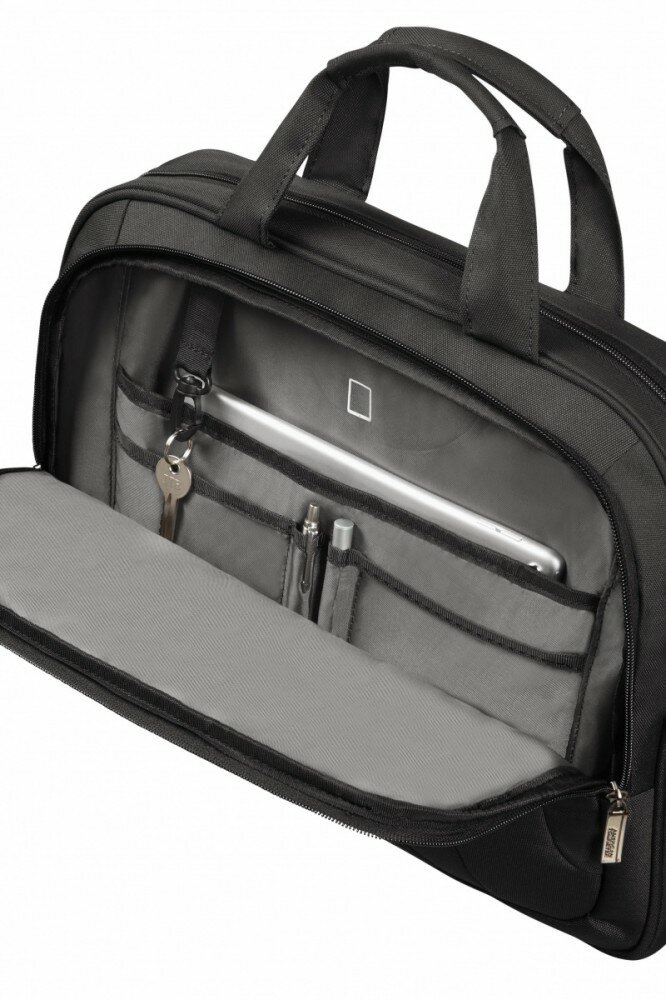 Torba na laptopa American Tourister Urban Groove Tech czarno-pomarańczowa 15.6'' widok na otwarty plecak