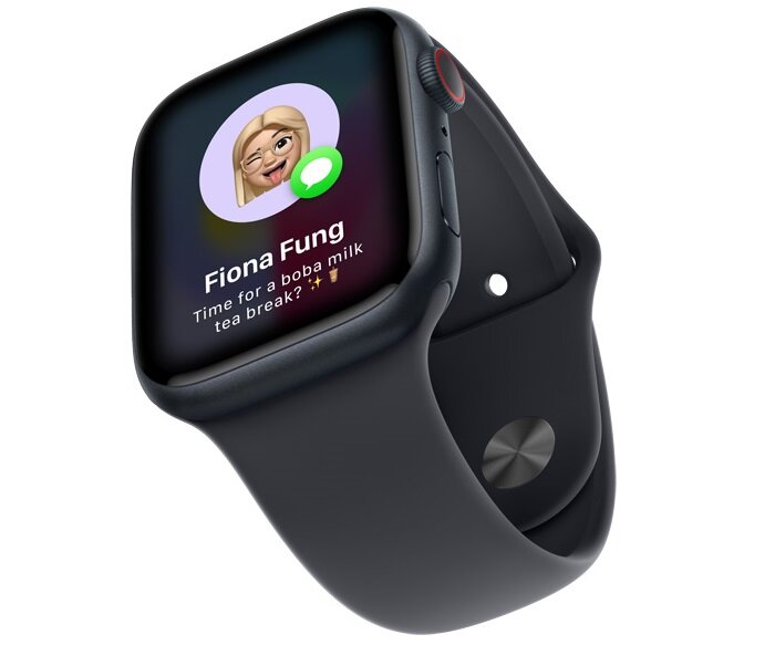 Smartwatch Apple Watch Series 9 GPS + Cellular stal nierdzewna złota 41 mm + opaska sportowa popielaty brąz M/L grafika przedstawia smartwatch pod skosem