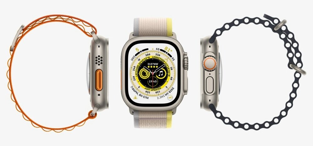 Smartwatch Apple Watch Ultra MQFW3WB/A widok na dwa smartwatche od boku i jeden od frontu