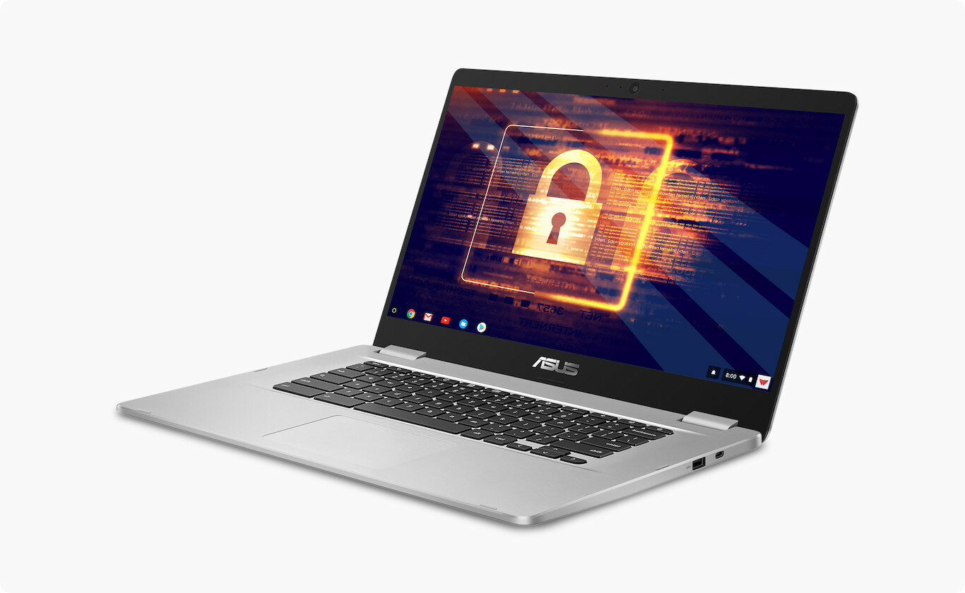 Laptop ASUS Chromebook C523 widok od prawej strony na ekran z przedstawioną kłódką